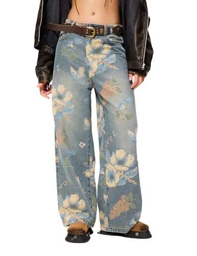 Aelfric Eden Plant Flower Print Jeans Damen Jeanshosen mit Blumen Baggy Jeans Herren Y2k Hose Unisex Weites Bein Freizeithose Blau, 26 von Aelfric Eden