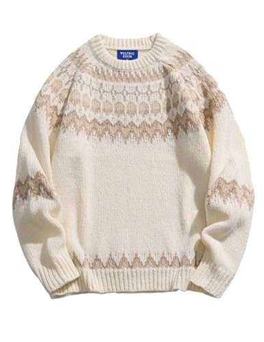Aelfric Eden Pullover für Damen Fair Isle Strickpullover Norweger Muster Pullover mit Rundhalsausschnitt Sweater Weihnachten Winterpullover Beige XS von Aelfric Eden