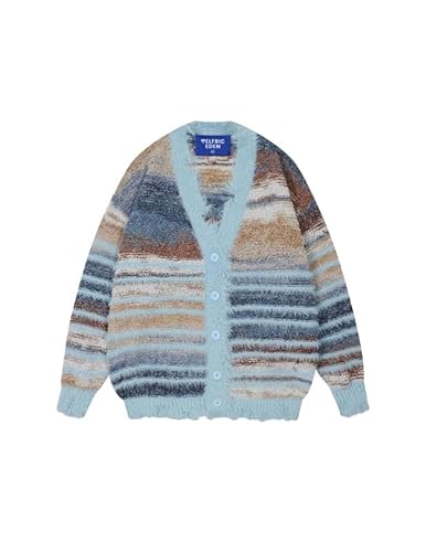 Aelfric Eden Strickjacke Pullover Damen Fringe Gradient Pinstripe Cardigan Knopfleiste Grobstrick Strickcardigan Elegant Langarm Open Front Sweater Herbst Winter Weihnachten Blau S von Aelfric Eden