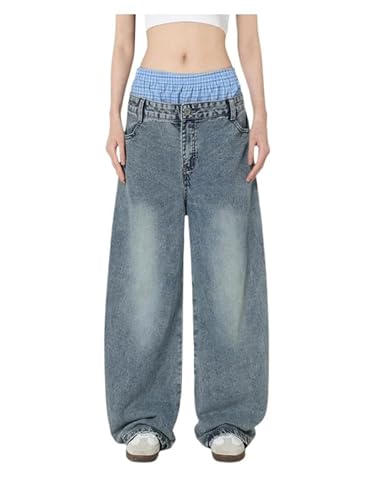 Aelfric Eden Unisex Baggy Jeans Doppelte Taille Jeanshosen Damen Hohe Taille Denim Hosen Y2K Streetwear Weites Bein Denim Pants Blau L von Aelfric Eden