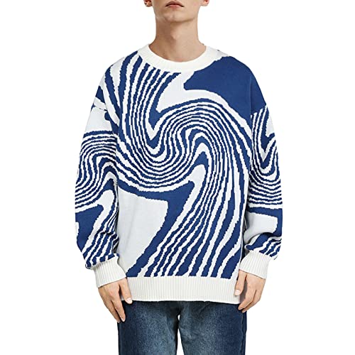 Aelfric Eden Blau Weiß Pullover Herren Übergroßer Unisex Strickpullover Rundhals Casual Lockere Gestreifter Sweater L von Aelfric Eden