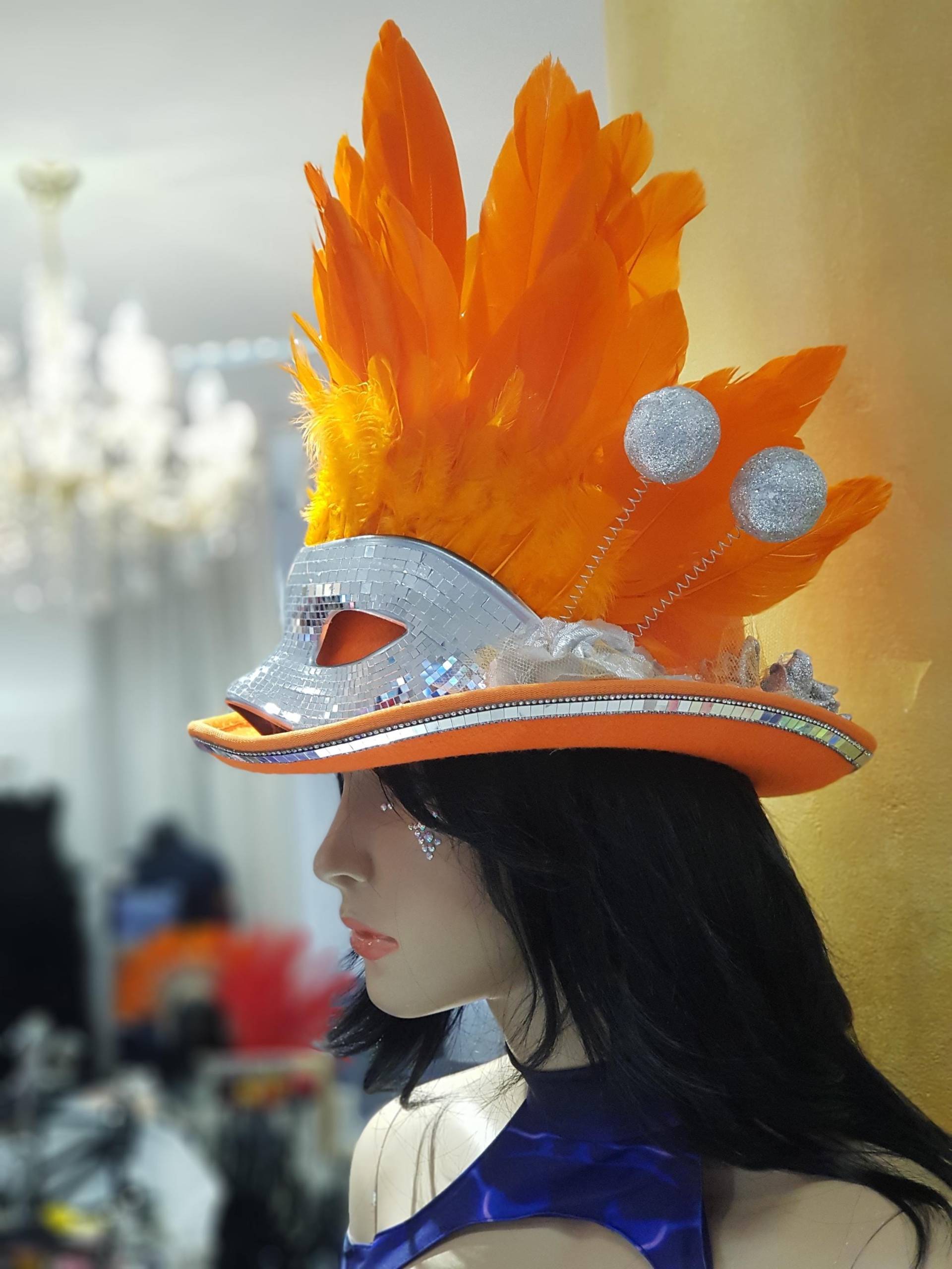 Ready To Ship - Feather Top Hat in Fiery Orange With Sparkling Disco Mask Burning Man, Carnival, Rave, Drag Queen, Festival Costume von AelitaFashion