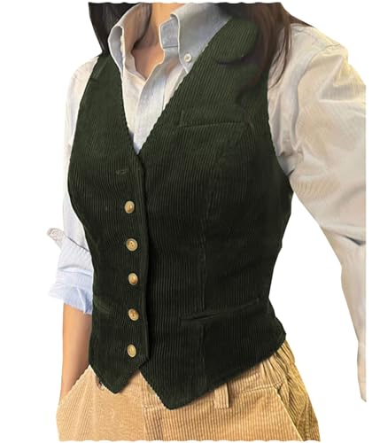 AeoTeokey Damen Kord V-Ausschnitt Ärmellose Casual Mode Smoking Anzug Weste Top (Armeegrün,M) von AeoTeokey