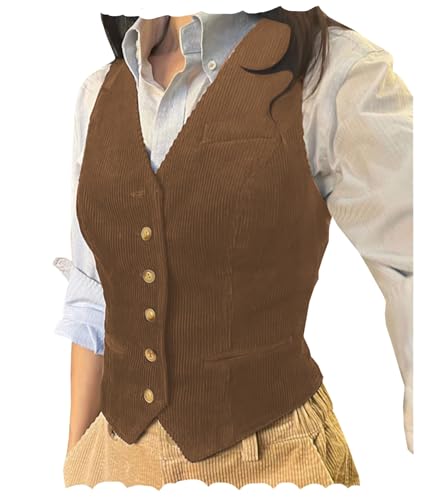 AeoTeokey Damen Kord V-Ausschnitt Ärmellose Casual Mode Smoking Anzug Weste Top (Braun,M) von AeoTeokey