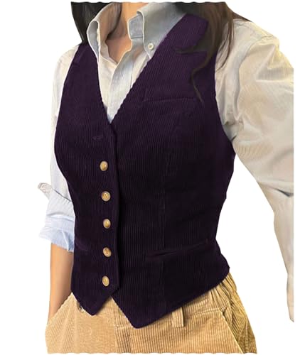 Damen Kord V-Ausschnitt Ärmellose Casual Mode Smoking Anzug Weste Top (Dunkel violett,XXL) von AeoTeokey