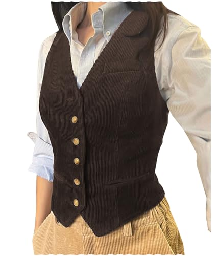 AeoTeokey Damen Kord V-Ausschnitt Ärmellose Casual Mode Smoking Anzug Weste Top (Kaffee,L) von AeoTeokey