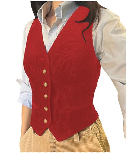 AeoTeokey Damen Kord V-Ausschnitt Ärmellose Casual Mode Smoking Anzug Weste Top (Rot,M) von AeoTeokey