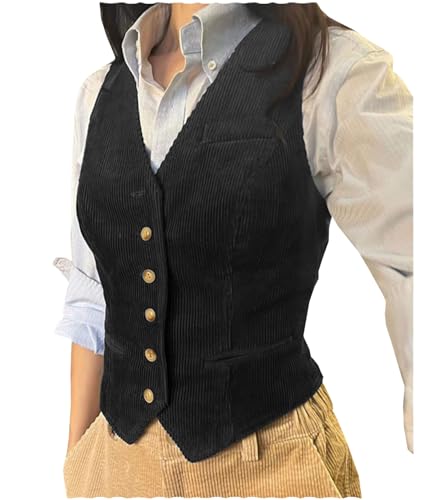 AeoTeokey Damen Kord V-Ausschnitt Ärmellose Casual Mode Smoking Anzug Weste Top (Schwarz,M) von AeoTeokey