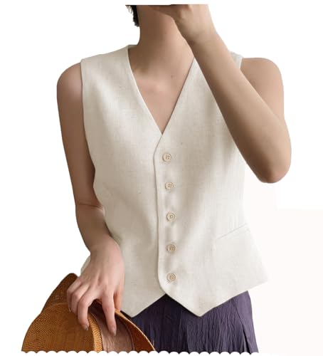 AeoTeokey Damen Leinenweste Anzug Weste V-Ausschnitt Einreihig Elegant Weste Business Outfits Top (Beige,M) von AeoTeokey