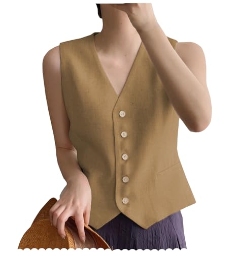 AeoTeokey Damen Leinenweste Anzug Weste V-Ausschnitt Einreihig Elegant Weste Business Outfits Top (Braun,XL) von AeoTeokey
