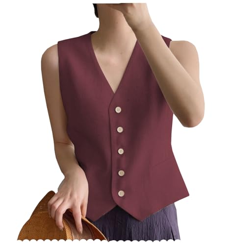 AeoTeokey Damen Leinenweste Anzug Weste V-Ausschnitt Einreihig Elegant Weste Business Outfits Top (Burgundisch,M) von AeoTeokey