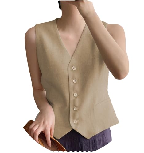 AeoTeokey Damen Leinenweste Anzug Weste V-Ausschnitt Einreihig Elegant Weste Business Outfits Top (Champagner,M) von AeoTeokey