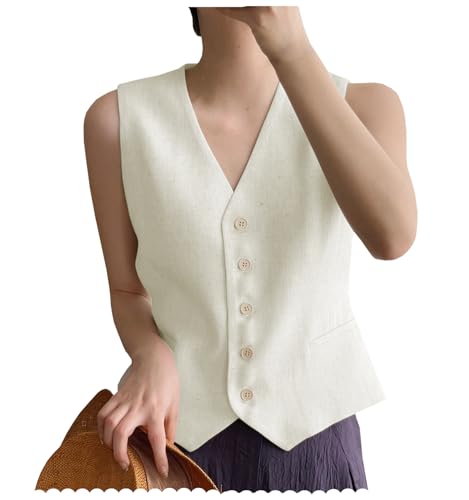 AeoTeokey Damen Leinenweste Anzug Weste V-Ausschnitt Einreihig Elegant Weste Business Outfits Top (Elfenbein,XL) von AeoTeokey