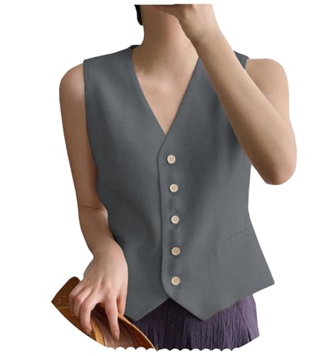 AeoTeokey Damen Leinenweste Anzug Weste V-Ausschnitt Einreihig Elegant Weste Business Outfits Top (Grau,M) von AeoTeokey