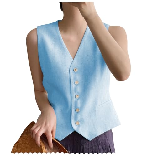 AeoTeokey Damen Leinenweste Anzug Weste V-Ausschnitt Einreihig Elegant Weste Business Outfits Top (Hellblau,L) von AeoTeokey