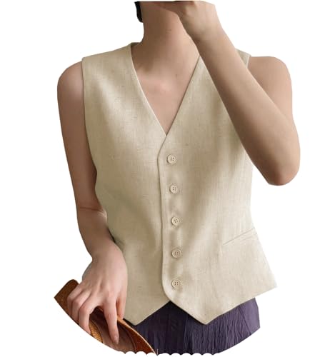 AeoTeokey Damen Leinenweste Anzug Weste V-Ausschnitt Einreihig Elegant Weste Business Outfits Top (Heller Champagner,L) von AeoTeokey