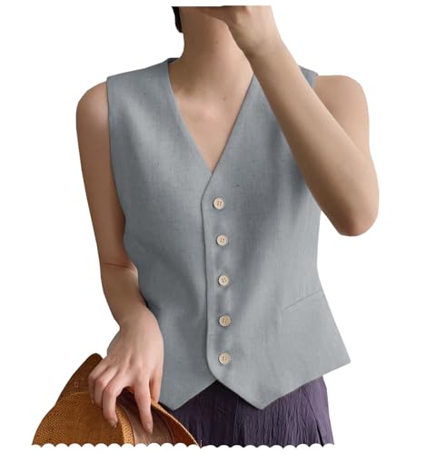 AeoTeokey Damen Leinenweste Anzug Weste V-Ausschnitt Einreihig Elegant Weste Business Outfits Top (Hellgrau,XL) von AeoTeokey