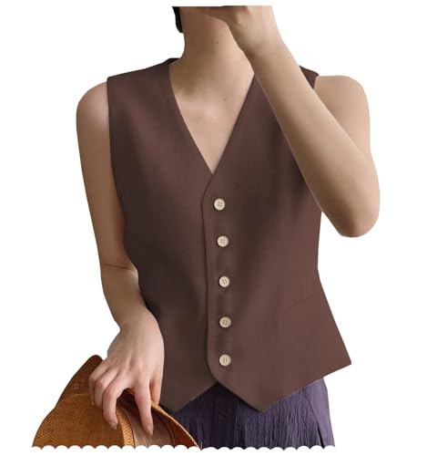 AeoTeokey Damen Leinenweste Anzug Weste V-Ausschnitt Einreihig Elegant Weste Business Outfits Top (Kaffee,L) von AeoTeokey