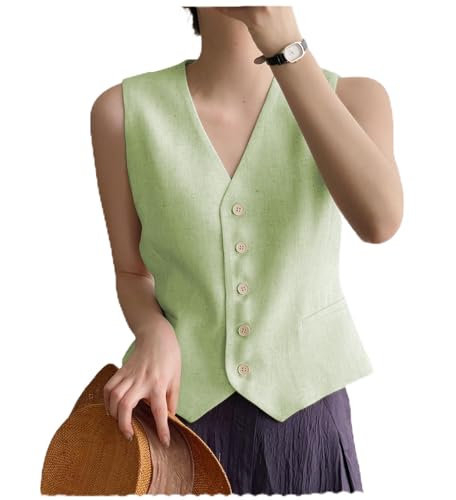 AeoTeokey Damen Leinenweste Anzug Weste V-Ausschnitt Einreihig Elegant Weste Business Outfits Top (Mint Grün,XL) von AeoTeokey