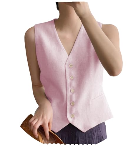 AeoTeokey Damen Leinenweste Anzug Weste V-Ausschnitt Einreihig Elegant Weste Business Outfits Top (Rosa,S) von AeoTeokey