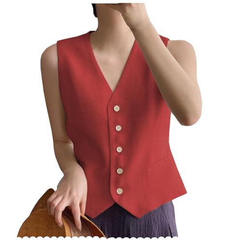 AeoTeokey Damen Leinenweste Anzug Weste V-Ausschnitt Einreihig Elegant Weste Business Outfits Top (Rot,XS) von AeoTeokey