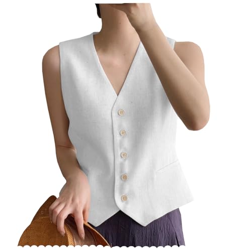 AeoTeokey Damen Leinenweste Anzug Weste V-Ausschnitt Einreihig Elegant Weste Business Outfits Top (Weiß,M) von AeoTeokey