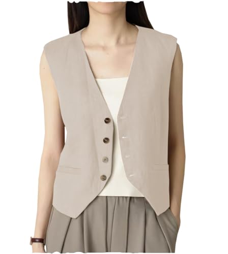 AeoTeokey Damen Sommer Leinenweste Anzugsweste V-Ausschnitt Einreihig Freizeitweste Business Outfits Top (Beige,M) von AeoTeokey