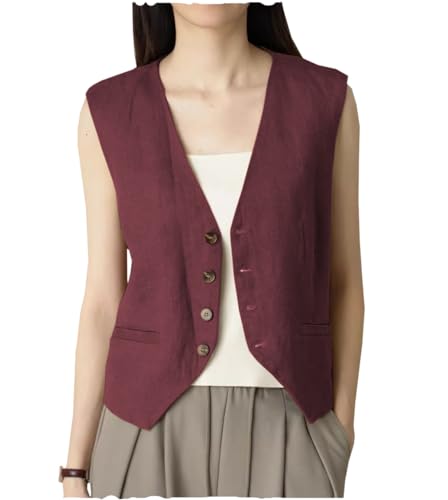 AeoTeokey Damen Sommer Leinenweste Anzugsweste V-Ausschnitt Einreihig Freizeitweste Business Outfits Top (Burgundisch,XXL) von AeoTeokey