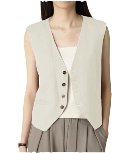 AeoTeokey Damen Sommer Leinenweste Anzugsweste V-Ausschnitt Einreihig Freizeitweste Business Outfits Top (Elfenbein,XXL) von AeoTeokey