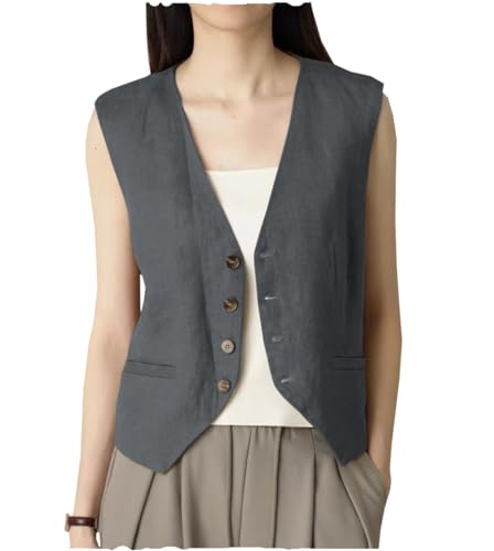 AeoTeokey Damen Sommer Leinenweste Anzugsweste V-Ausschnitt Einreihig Freizeitweste Business Outfits Top (Grau,M) von AeoTeokey