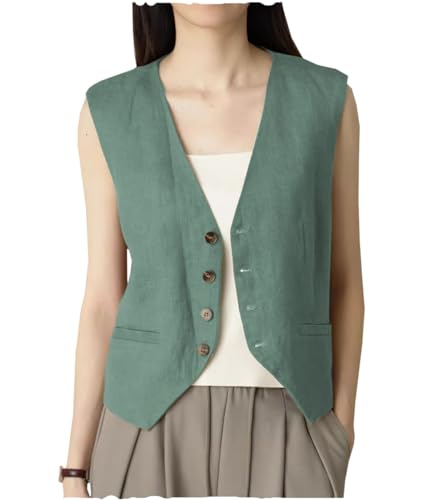 AeoTeokey Damen Sommer Leinenweste Anzugsweste V-Ausschnitt Einreihig Freizeitweste Business Outfits Top (Hellgrün,XL) von AeoTeokey