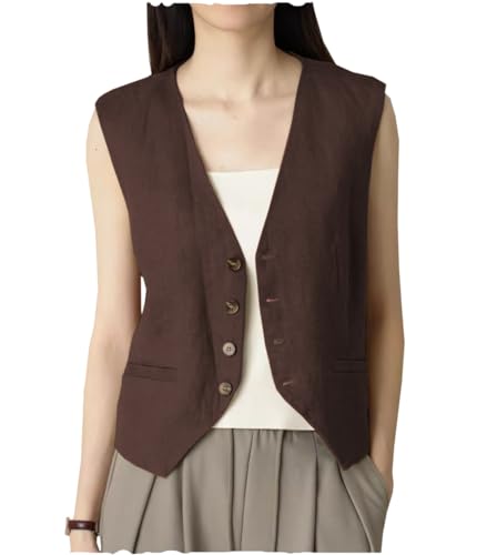 AeoTeokey Damen Sommer Leinenweste Anzugsweste V-Ausschnitt Einreihig Freizeitweste Business Outfits Top (Kaffee,S) von AeoTeokey