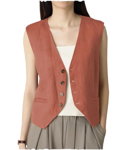 AeoTeokey Damen Sommer Leinenweste Anzugsweste V-Ausschnitt Einreihig Freizeitweste Business Outfits Top (Koralle,L) von AeoTeokey
