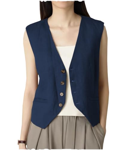 AeoTeokey Damen Sommer Leinenweste Anzugsweste V-Ausschnitt Einreihig Freizeitweste Business Outfits Top (Marine,XL) von AeoTeokey