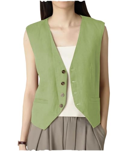 AeoTeokey Damen Sommer Leinenweste Anzugsweste V-Ausschnitt Einreihig Freizeitweste Business Outfits Top (Mint Grün,XL) von AeoTeokey