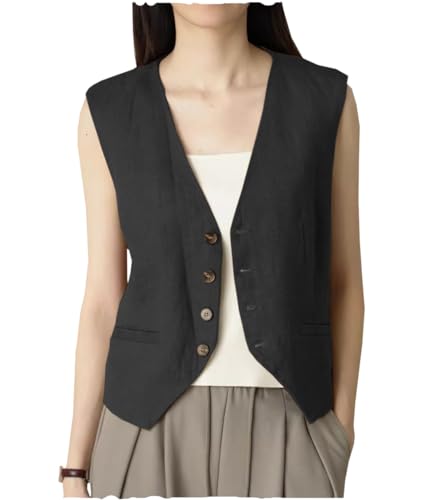 AeoTeokey Damen Sommer Leinenweste Anzugsweste V-Ausschnitt Einreihig Freizeitweste Business Outfits Top (Schwarz,S) von AeoTeokey