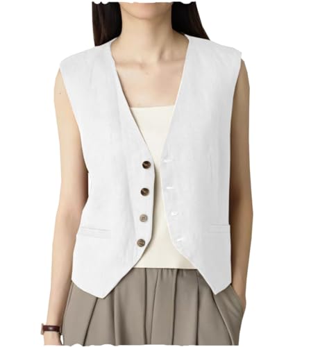 AeoTeokey Damen Sommer Leinenweste Anzugsweste V-Ausschnitt Einreihig Freizeitweste Business Outfits Top (Weiß,S) von AeoTeokey