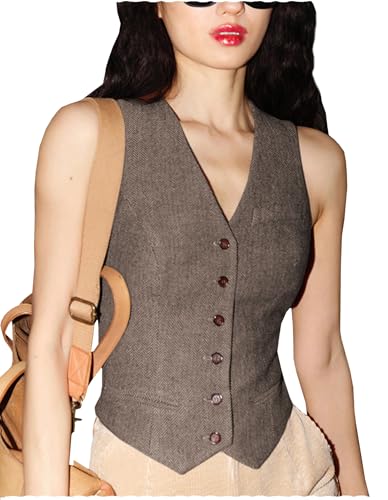 Damen Wolle Herringbone Tweed V-Ausschnitt einreihig Freizeit Slim Fit Weste Outfit Top (Hellbraun,S) von AeoTeokey