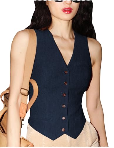 Damen Wolle Herringbone Tweed V-Ausschnitt einreihig Freizeit Slim Fit Weste Outfit Top (Marine,L) von AeoTeokey