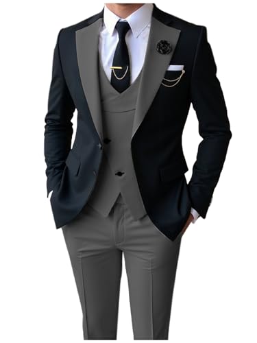 AeoTeokey Herren Anzüge Slim Fit 3 Stück Notch Lapel Formal Groomsmen Tuxedos für Hochzeit (Blazer+Weste+Hose)(Grau,M) von AeoTeokey