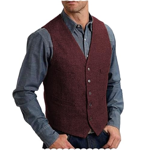 Herren Anzug Weste Retro V Hals Tweed Wolle Weste Herringbone für Prom (Burgundisch,4XL) von AeoTeokey