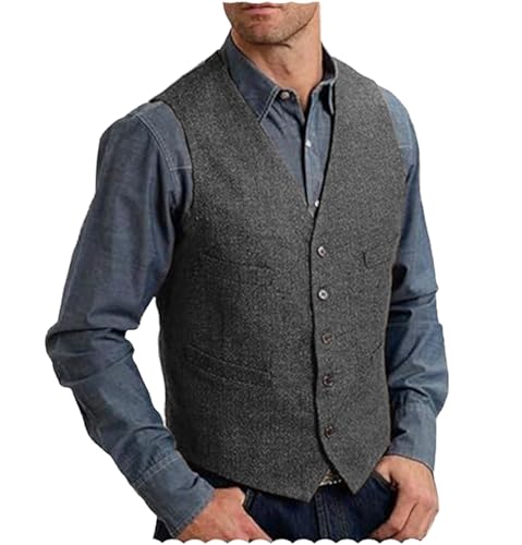Herren Anzug Weste Retro V Hals Tweed Wolle Weste Herringbone für Prom (Grau,4XL) von AeoTeokey