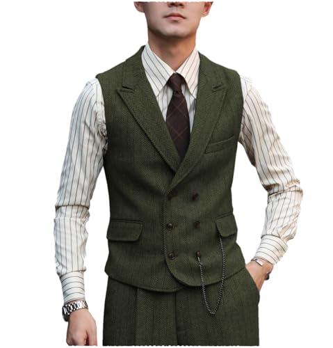 AeoTeokey Herren Classic Double Breasted Wolle Tweed Anzug Weste Vintage ärmellose Weste für Groomsmen (Armeegrün,S) von AeoTeokey