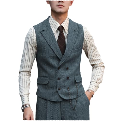 AeoTeokey Herren Classic Double Breasted Wolle Tweed Anzug Weste Vintage ärmellose Weste für Groomsmen (HellMarine,XS) von AeoTeokey