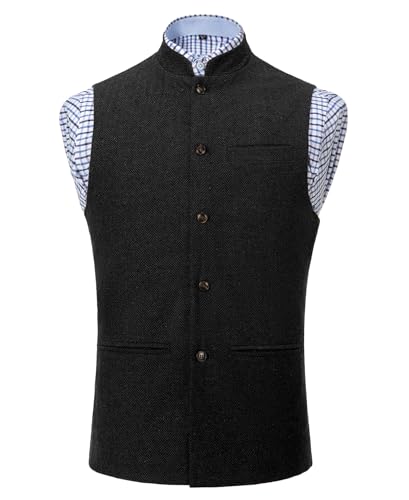 AeoTeokey Herren Herringbone Wolle Westen Anzug Tweed hoher Kragen Trachtenwesten Schlanke Passform (Schwarz,XXL) von AeoTeokey