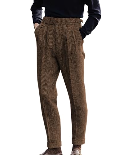 AeoTeokey Herren Hochtaillierte Anzughose Plissierte Front Tweed Retro Woll Hosen (Braun, 30W x 30L) von AeoTeokey