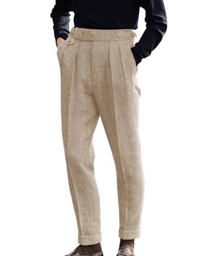 AeoTeokey Herren Hochtaillierte Anzughose Plissierte Front Tweed Retro Woll Hosen (Champagne, 30W x 30L) von AeoTeokey