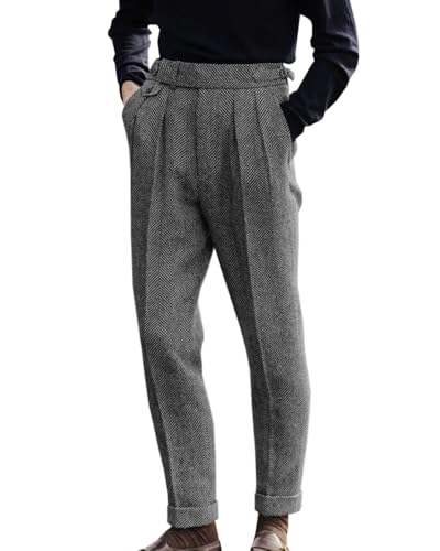 AeoTeokey Herren Hochtaillierte Anzughose Plissierte Front Tweed Retro Woll Hosen (Grau, 28W x 28L) von AeoTeokey