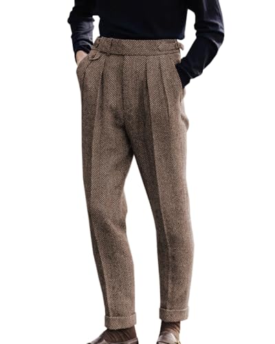 AeoTeokey Herren Hochtaillierte Anzughose Plissierte Front Tweed Retro Woll Hosen (Hellbraun, 34W x 32L) von AeoTeokey