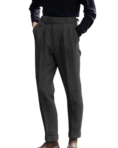 AeoTeokey Herren Hochtaillierte Anzughose Plissierte Front Tweed Retro Woll Hosen (Schwarz, 30W x 30L) von AeoTeokey